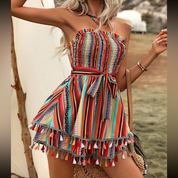 Pants - Boho Cottagecore Stripes Print Tassel Belt Tube Top Romper